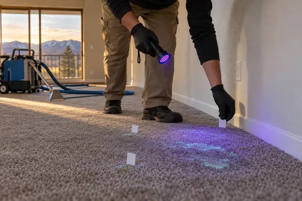 Technician inspecting carpet with an ultraviolet light