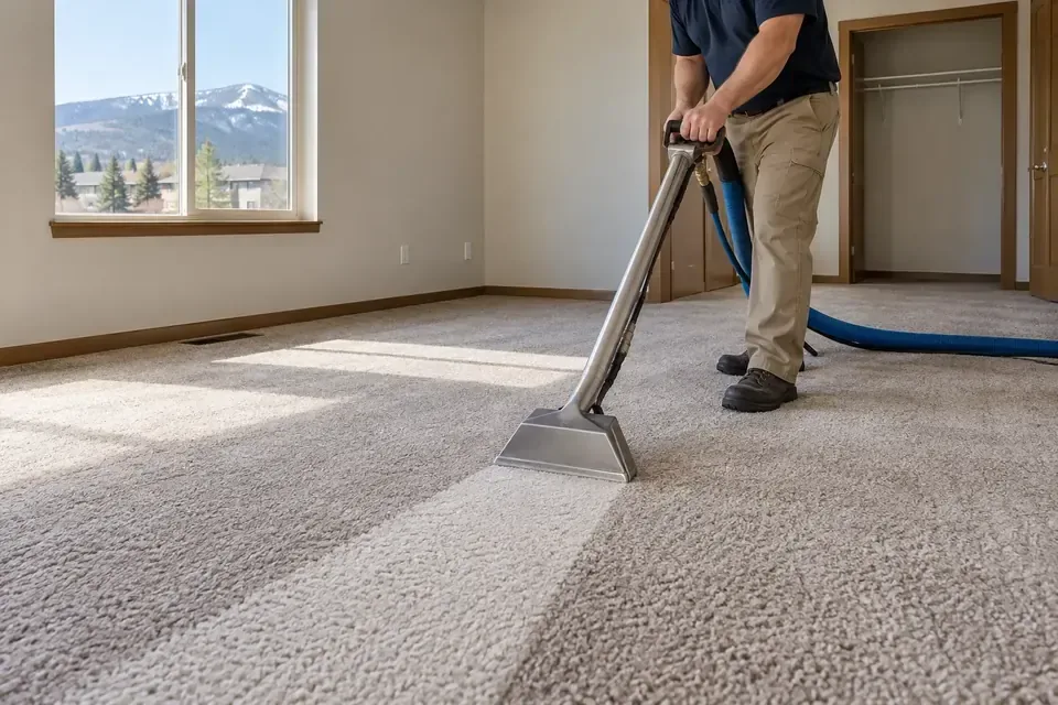 Technician cleaning carpet in an empty apartment