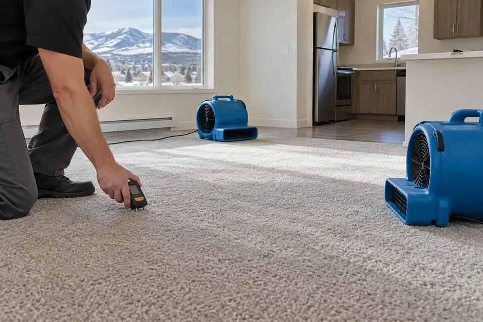 Air movers positioned on carpet in an empty apartment