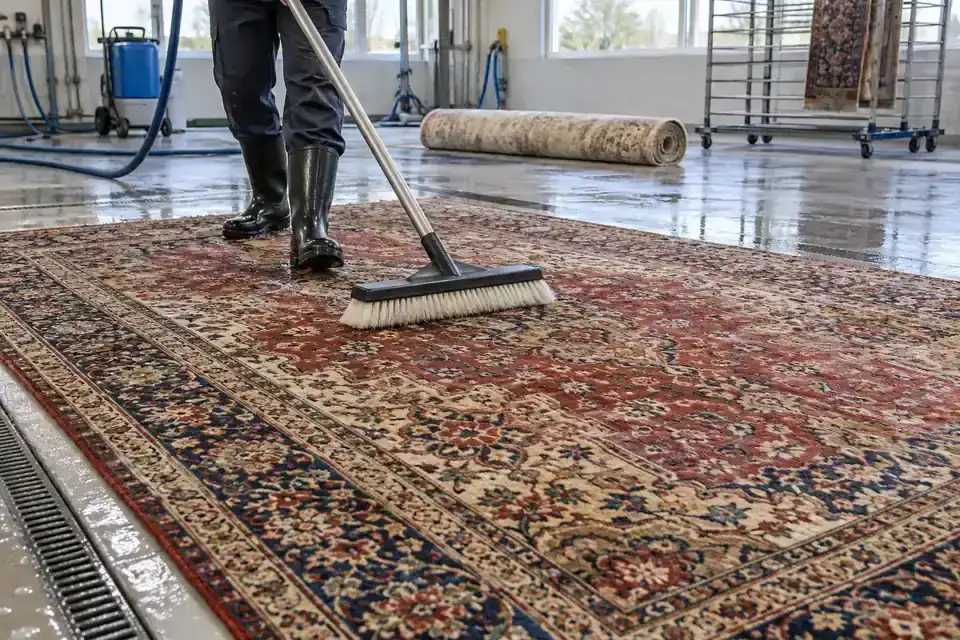 Technician washing a patterned rug on a workshop floor