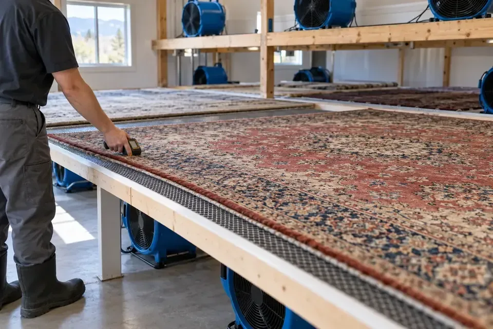 Patterned area rug laid flat on a drying rack