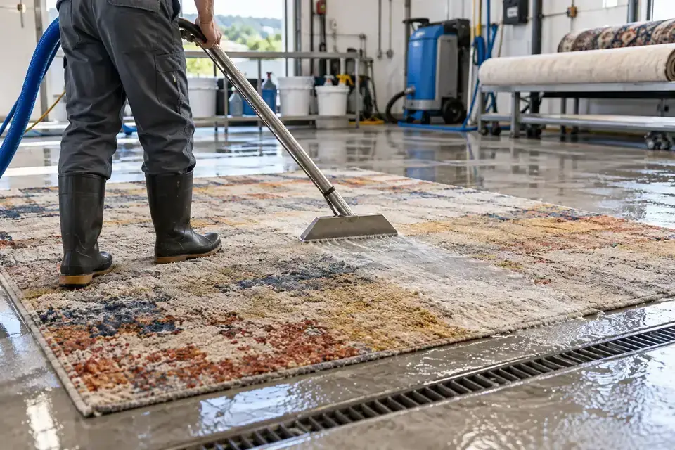 Technician washing a patterned area rug on a wash floor