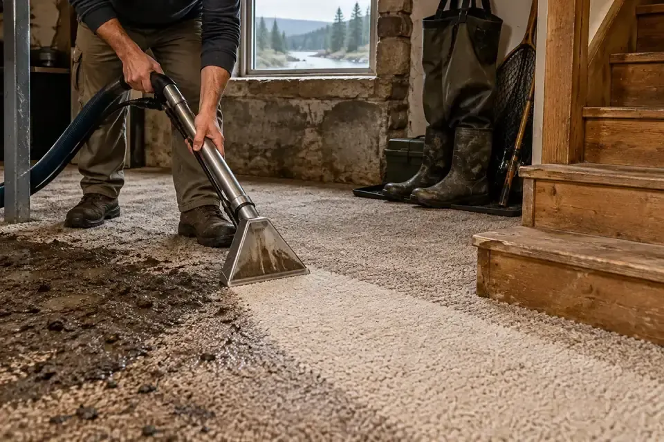 Technician cleaning soiled carpet near a doorway