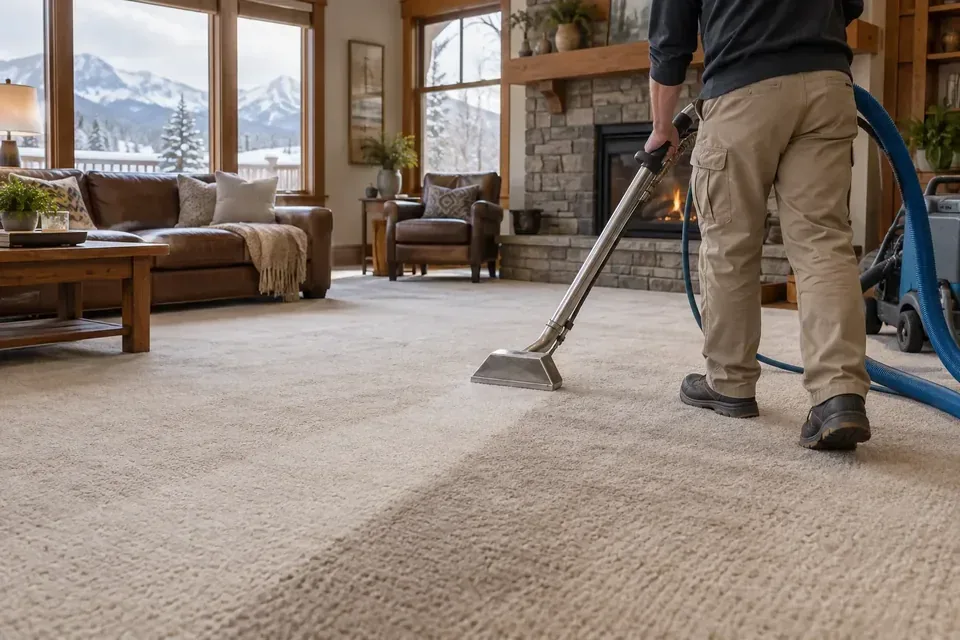 Technician cleaning carpet in a bright living room