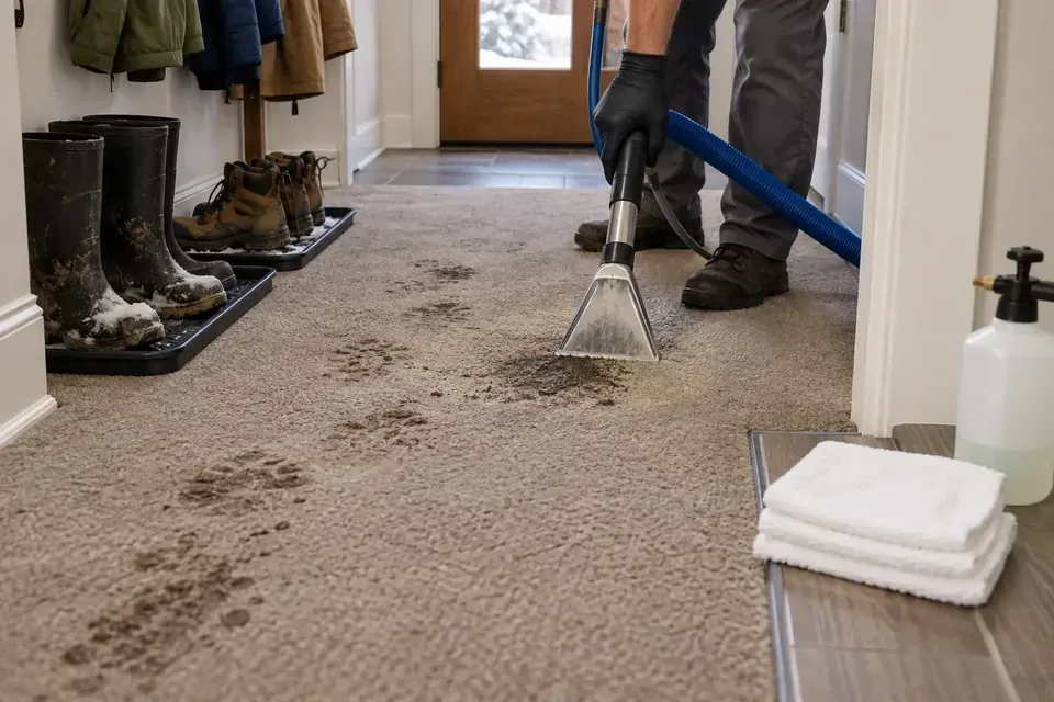 Technician treating muddy marks on a carpet
