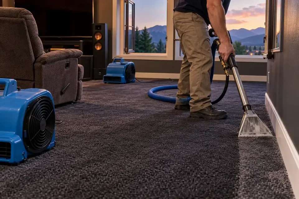 Technician cleaning carpet with air movers nearby