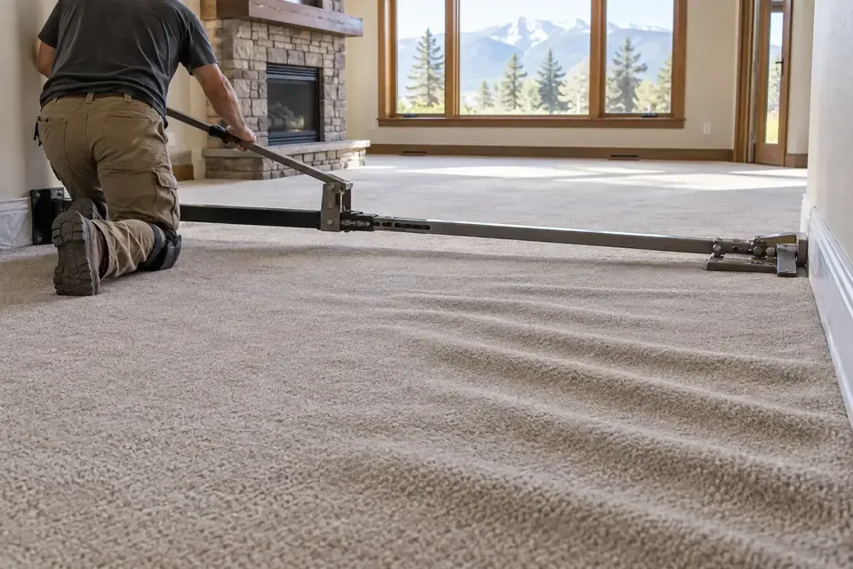 Technician stretching rippled carpet in a living room