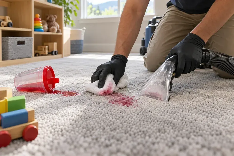 Technician applying a spot treatment to a red carpet stain