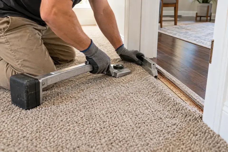 Technician securing a carpet edge at a doorway