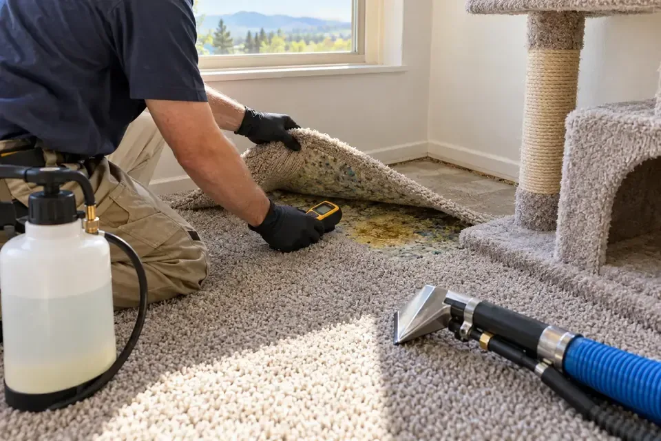 Technician lifting a carpet edge to inspect the padding