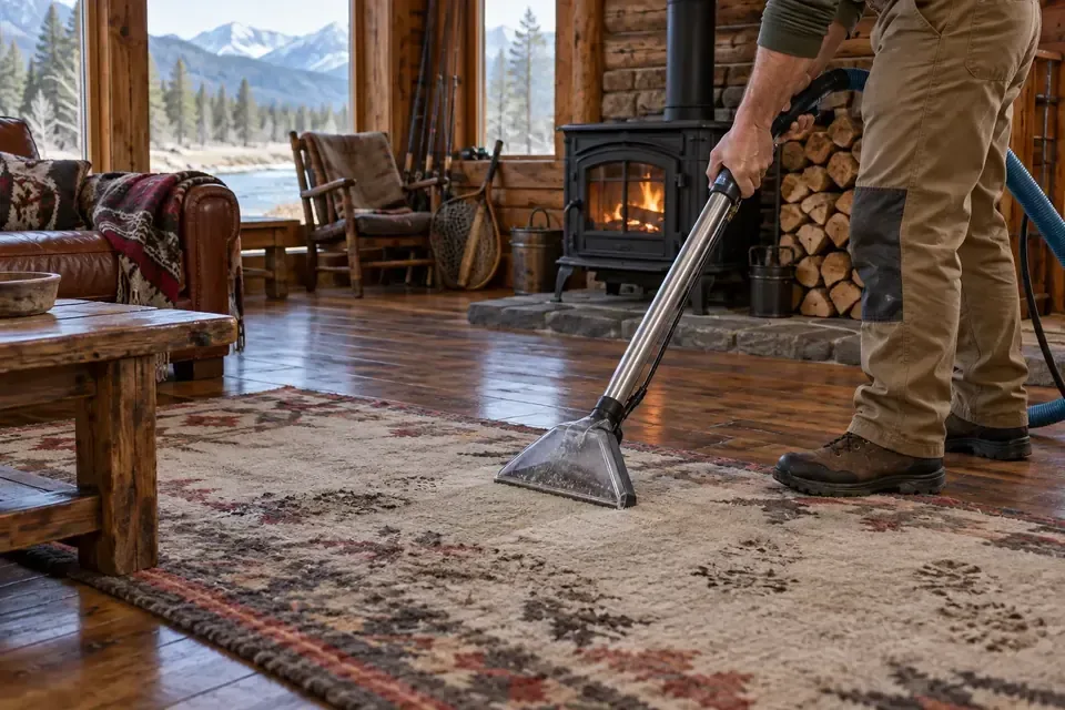 Technician cleaning a patterned rug in a wood-paneled room