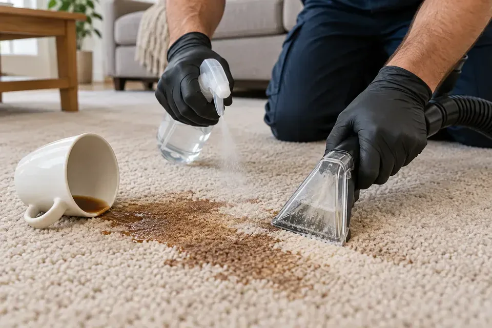 Technician treating a brown spill on carpet beside a tipped cup