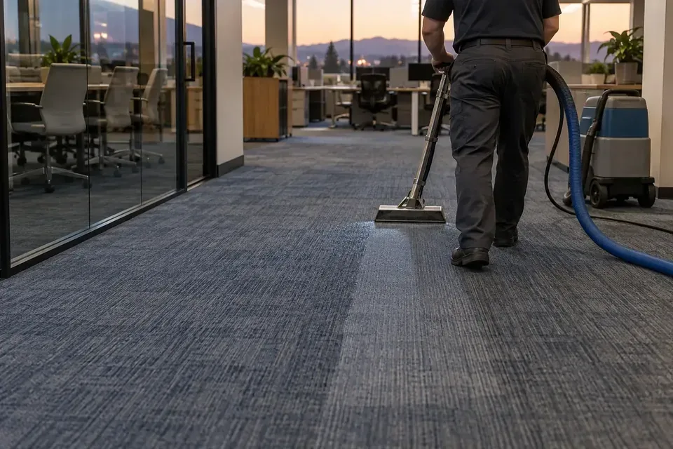 Technician cleaning carpet between office desks