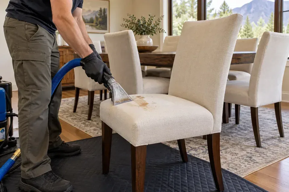 Technician cleaning an upholstered dining chair