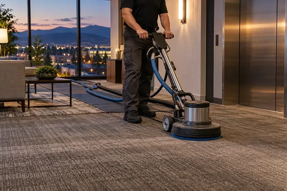 Technician cleaning carpet in a room with large windows