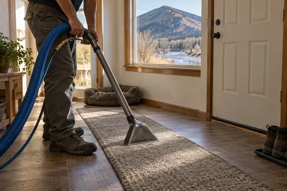 Technician cleaning a carpet runner near an entrance