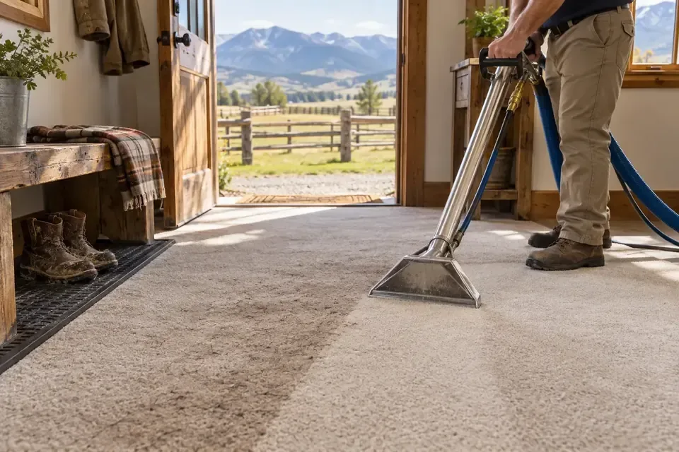 Technician cleaning carpet in a sunlit living room
