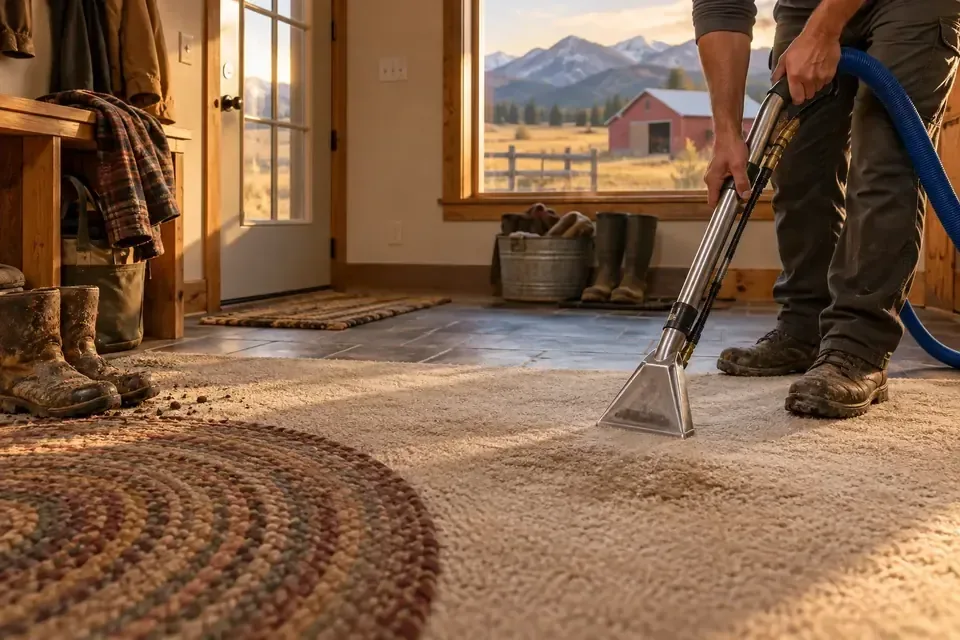 Technician cleaning carpet beside a patterned area rug