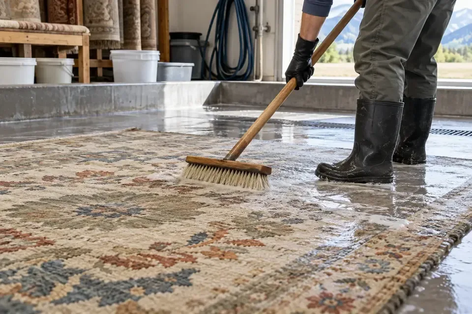 Technician gently washing a patterned rug with a handheld tool