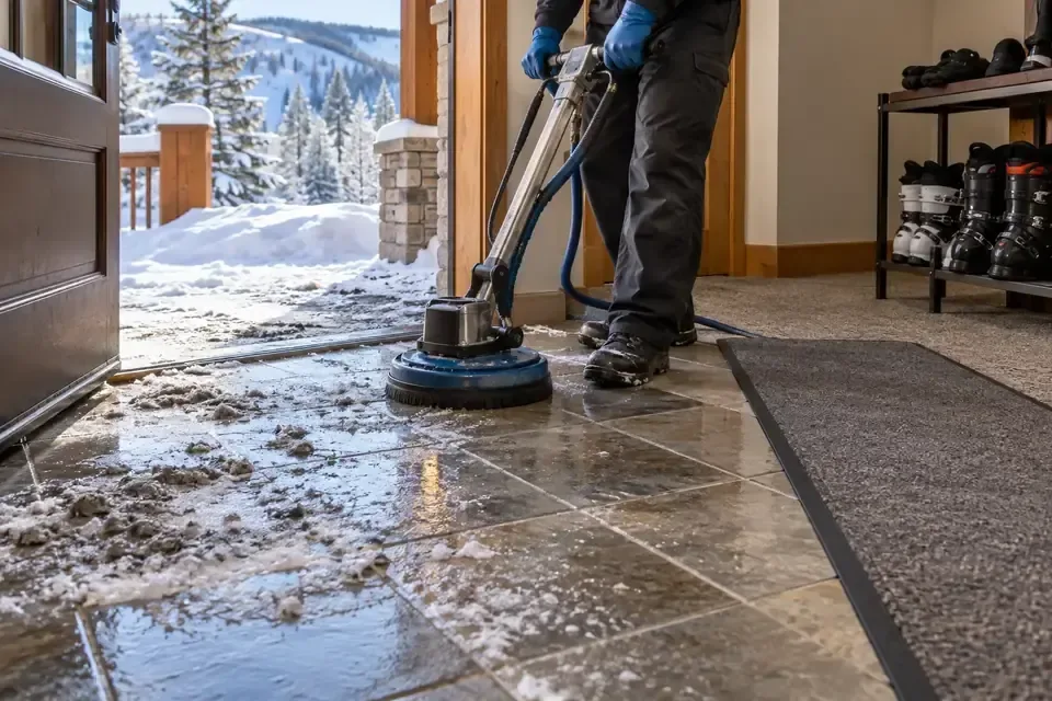 Technician cleaning wet tile near an entrance