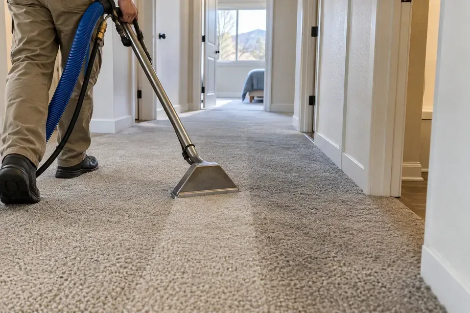 Technician using an extraction wand on hallway carpet