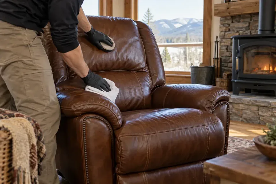 Technician wiping the arm of a brown leather recliner