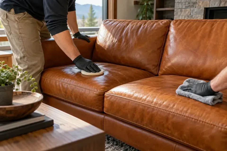 Technician applying a product to a brown leather sofa