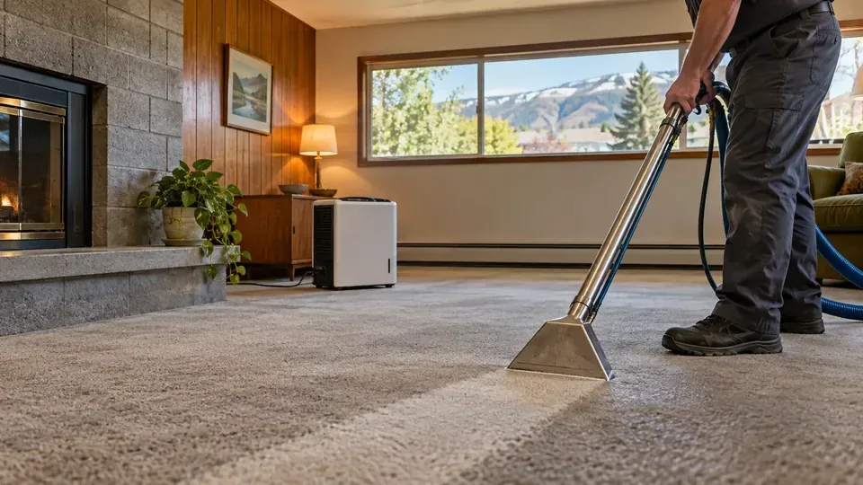 Technician cleaning carpet in a furnished room