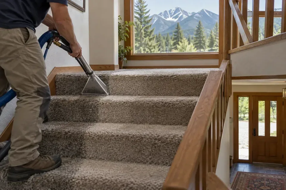 Technician cleaning a carpeted staircase