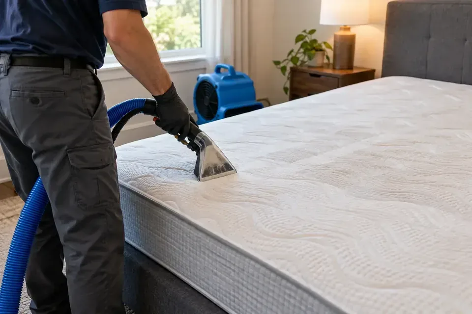 Technician cleaning a mattress with an upholstery extraction tool