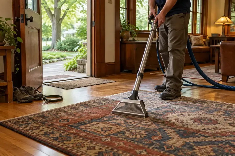 Technician cleaning a patterned rug beside a sofa