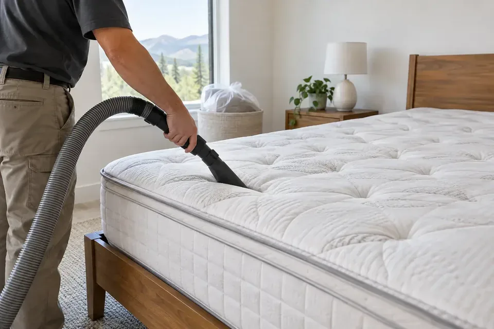 Technician vacuuming along the seam of a mattress