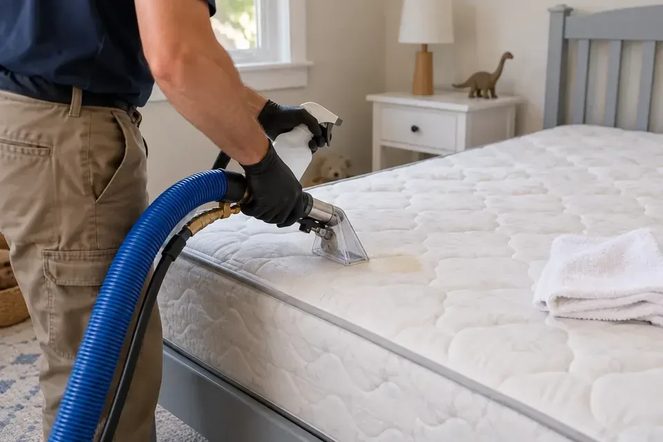 Technician treating a small stain on a mattress