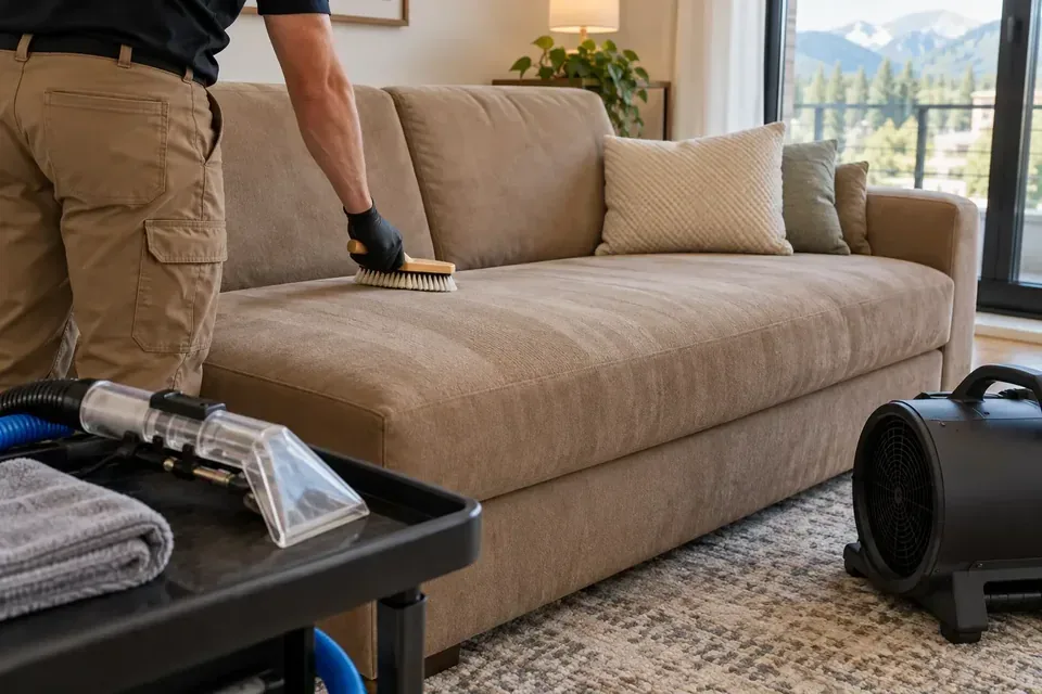 Technician cleaning the arm of a fabric couch