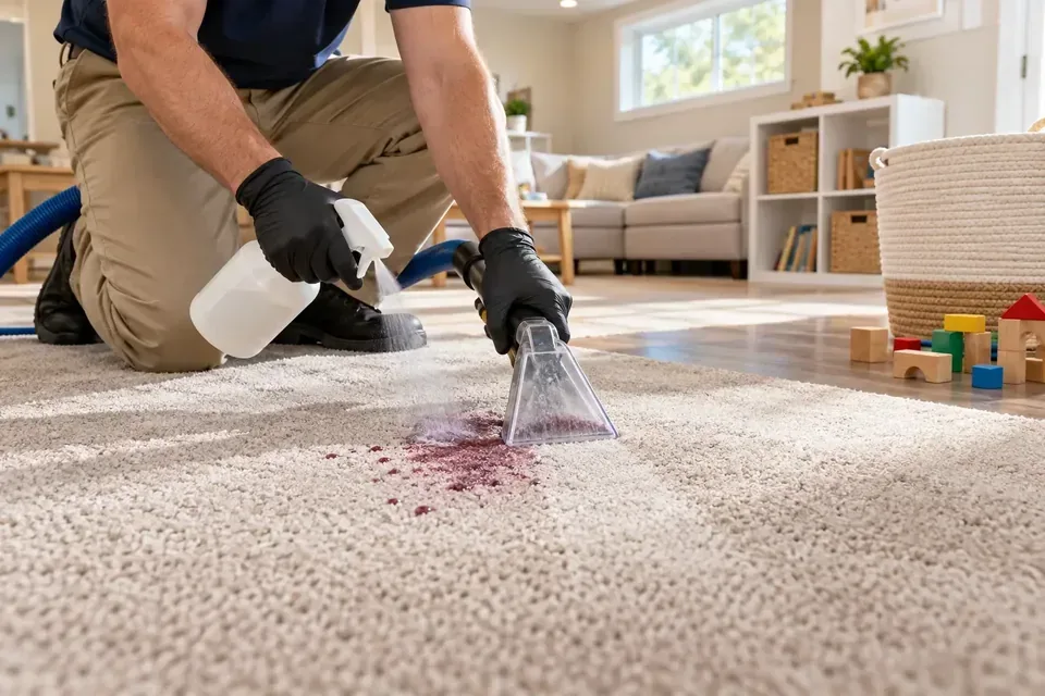 Technician treating a carpet stain in a room with toys