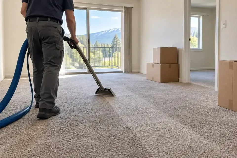 Technician cleaning carpet in an unfurnished apartment