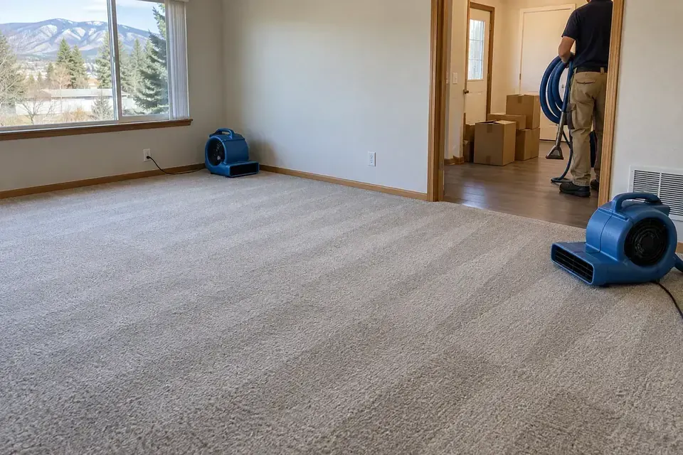 Air movers drying carpet in an empty room