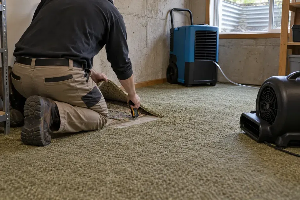 Technician inspecting carpet padding with an air mover nearby
