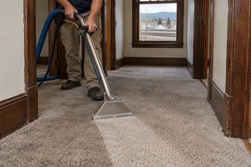 Technician cleaning carpet in an unfurnished hallway