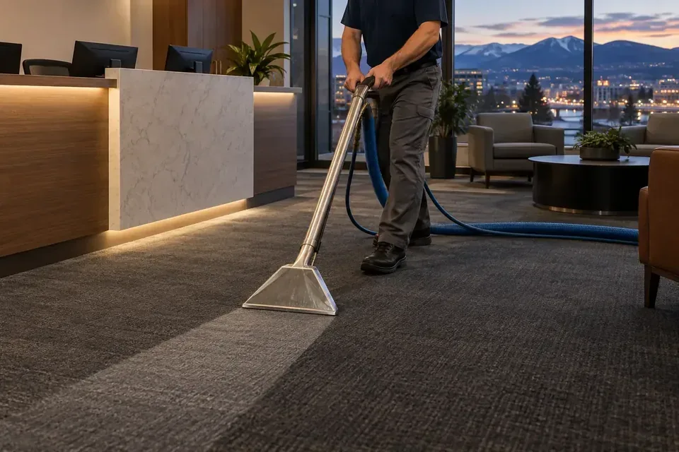 Technician cleaning carpet in an office reception area