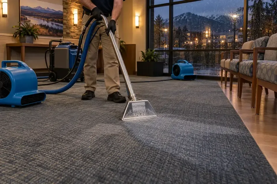 Technician cleaning waiting-room carpet with air movers nearby