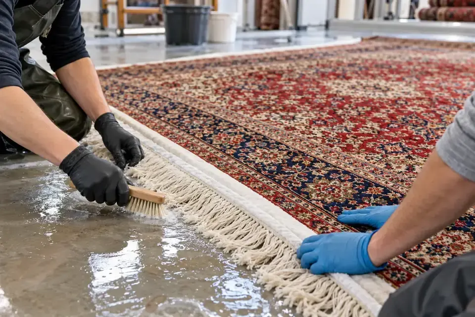 Technician cleaning the fringe of a patterned rug