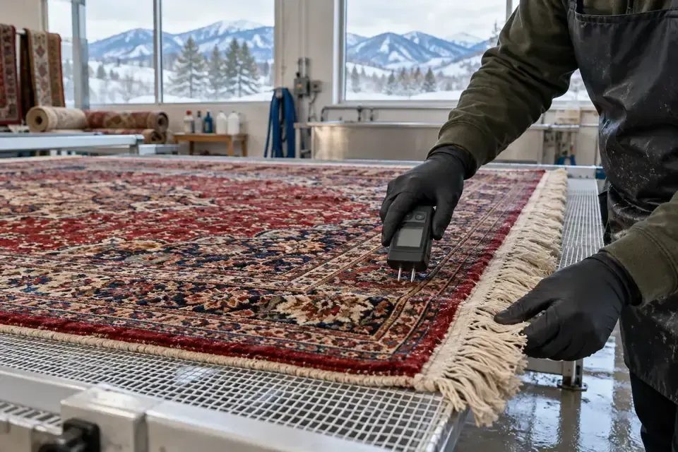 Technician checking a patterned rug on a drying rack
