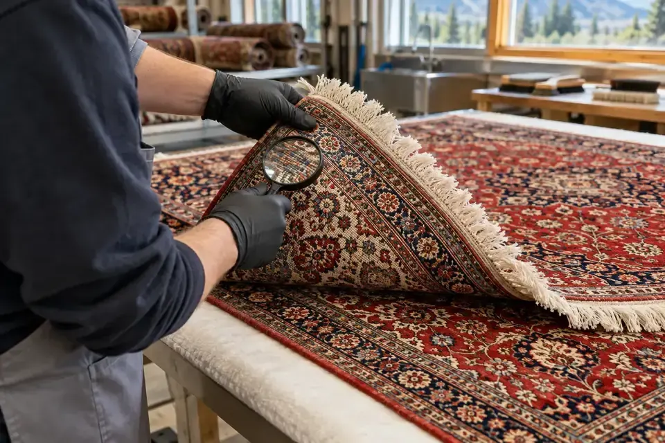 Technician examining the corner and fringe of a patterned rug