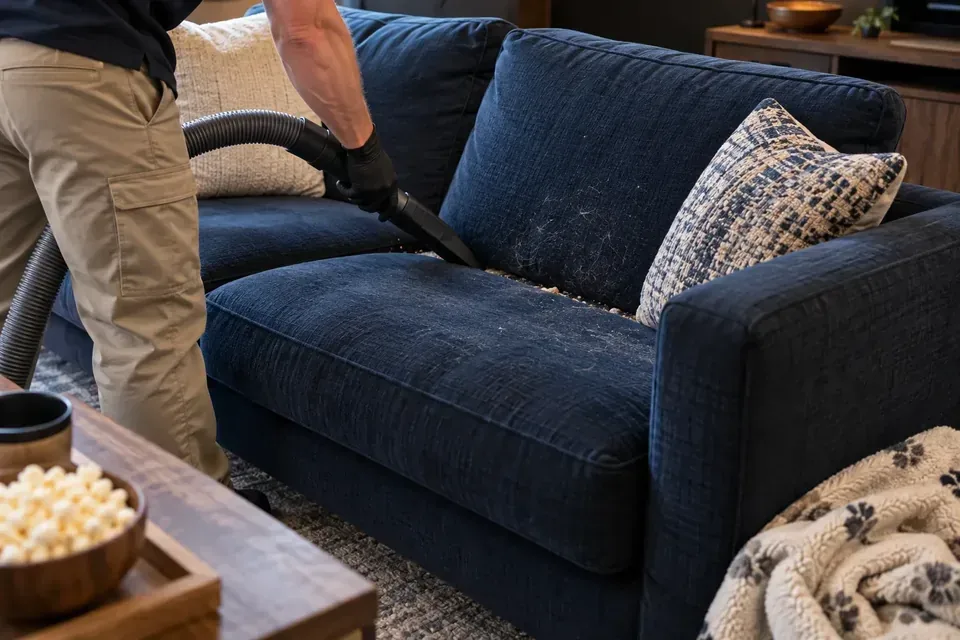 Technician cleaning debris from a fabric couch seam