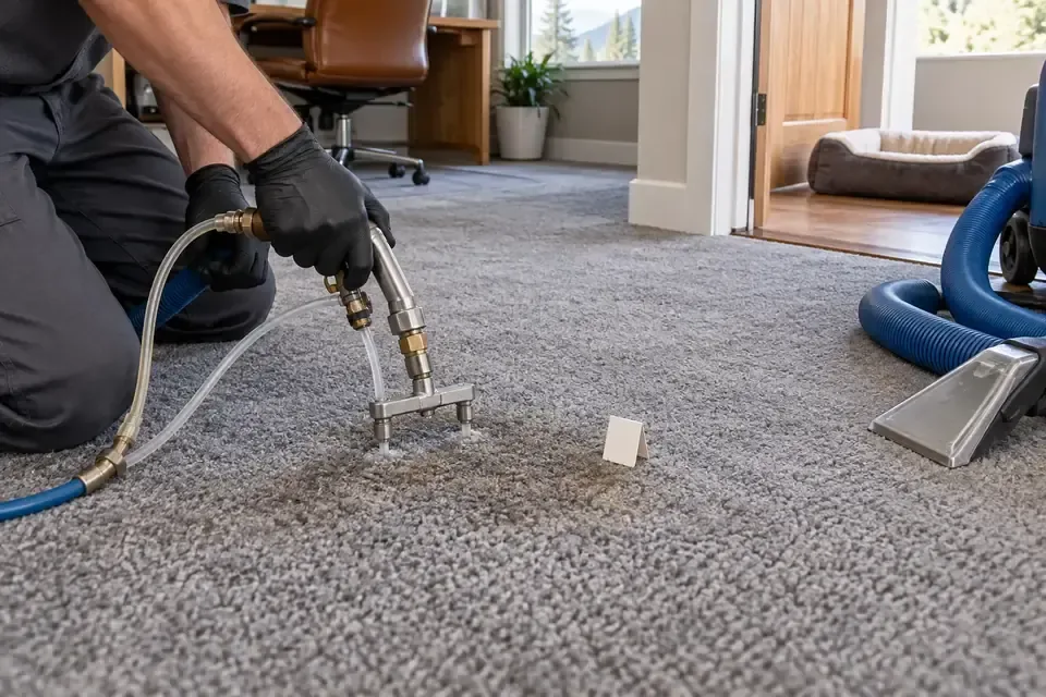 Technician applying treatment beneath a lifted carpet edge