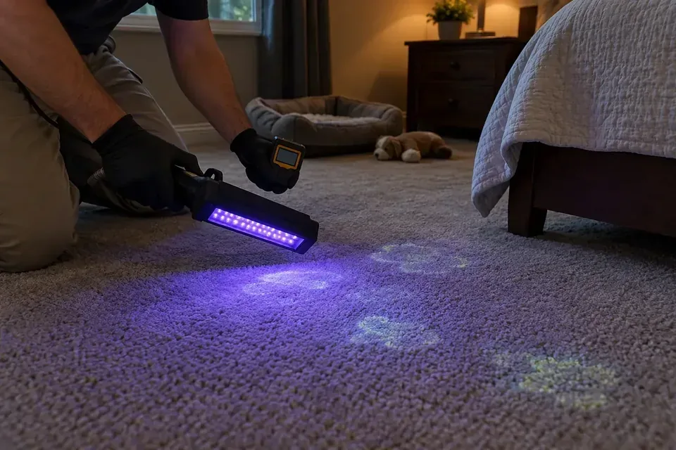Technician inspecting carpet with an ultraviolet light