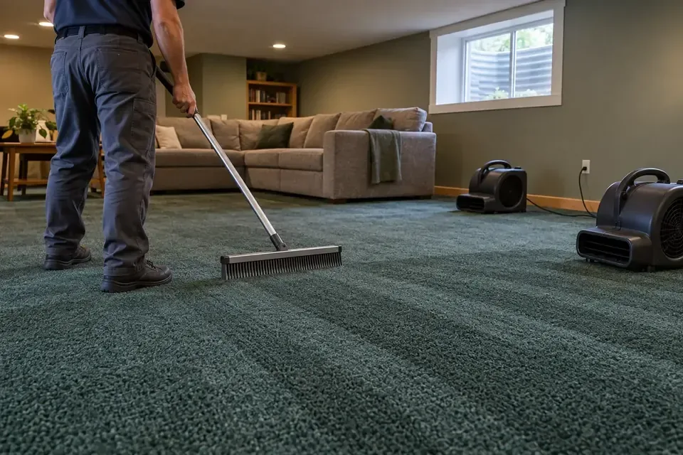 Technician inspecting carpet beside an air mover