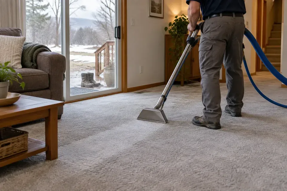 Technician cleaning carpet in a furnished family room
