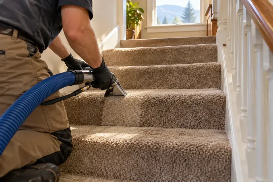 Technician using a handheld extraction tool on carpeted stairs